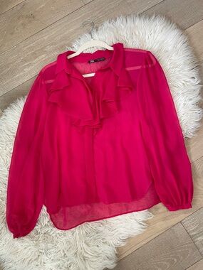 Zara Hot Pink New Romantic Ruffle Sheer Blouse